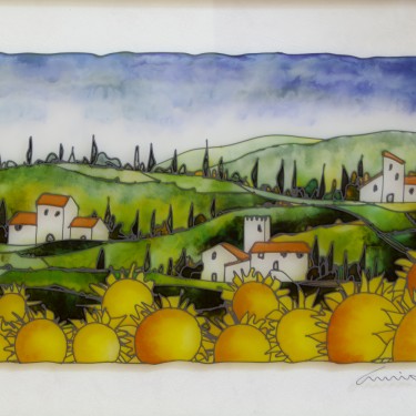 Massimo Cruciani - Toscana con Girasoli - Oil on Glass - 16" x 24"