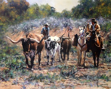 Robert Hagan - Long Horn Cattle Drive - Oil - 30" x 40"