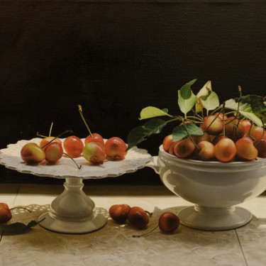 Yingzhao Liu - Cherries in the White Bowl and Plate - Oil - 18" x  26"