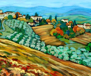 Christine Reimer - Vineyard with Distant Hills, Tuscany - Acrylic - 20" x 40"