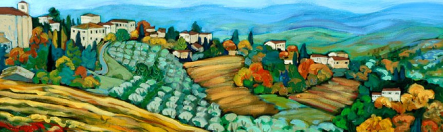 Christine Reimer - Vineyard with Distant Hills, Tuscany - Acrylic - 20" x 40"