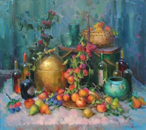 Still Life with Wine Bottles and Fruit | 36" x 40" | Ovanes Berberian