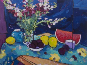 Snapdragons Plums & Mangos Over Blue - 22" x 29" - Angus Wilson