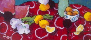 Tulips & Plums on Red Tablecloth - 10" x 24" - Angus Wilson