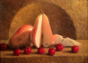 Sliced Yellow Pear and Cherries - 9" x 12" - Jared Sines